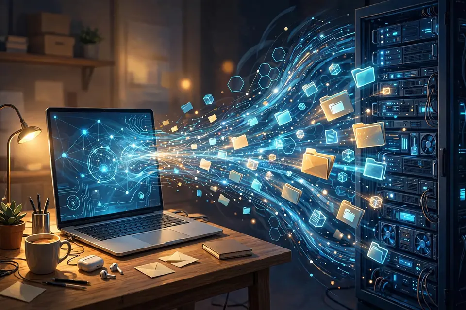 FTP meaning - laptop showing files transferring between a client computer and a server over a network