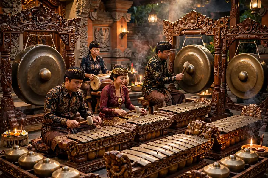 Gamelan meaning - traditional Indonesian gamelan ensemble with bronze gongs and metallophones