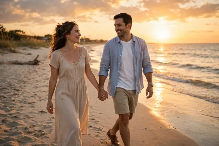 GGG meaning - happy couple holding hands walking at sunset on a date