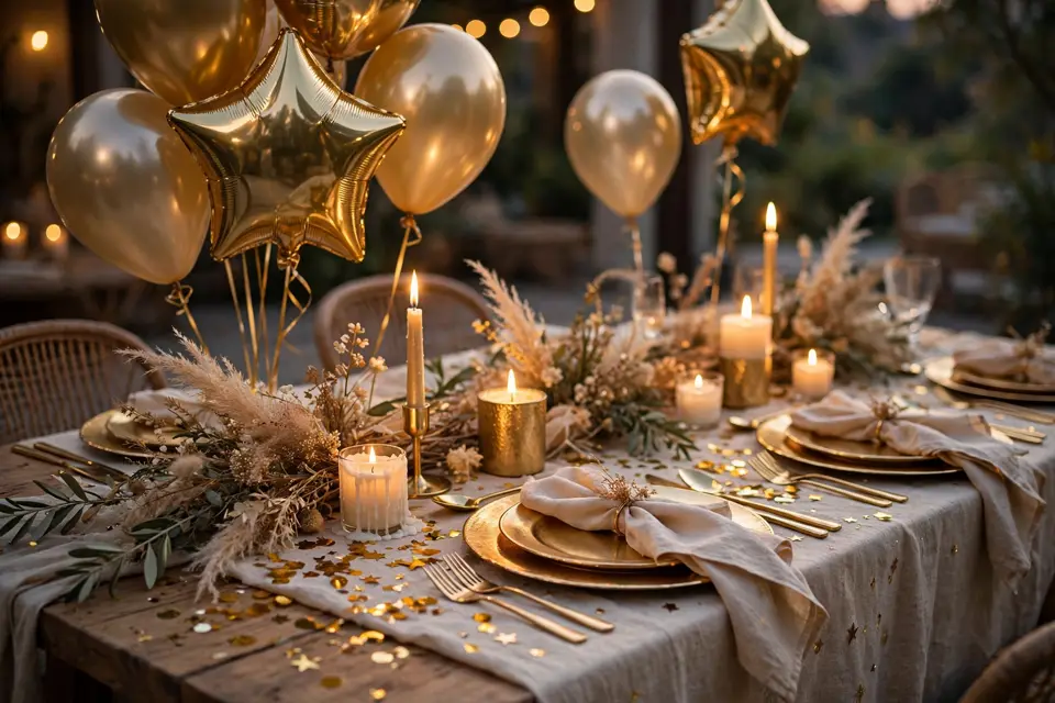 Golden birthday party decorations - gold table setting balloons and confetti
