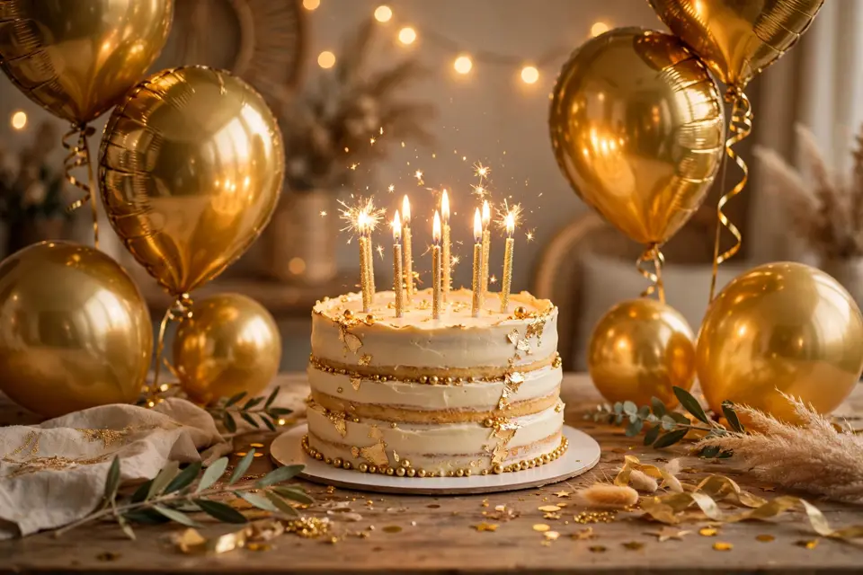 Golden birthday meaning - gold balloons and birthday cake celebration