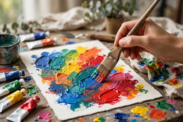 Gouache meaning - artist painting with vibrant opaque gouache colors on paper
