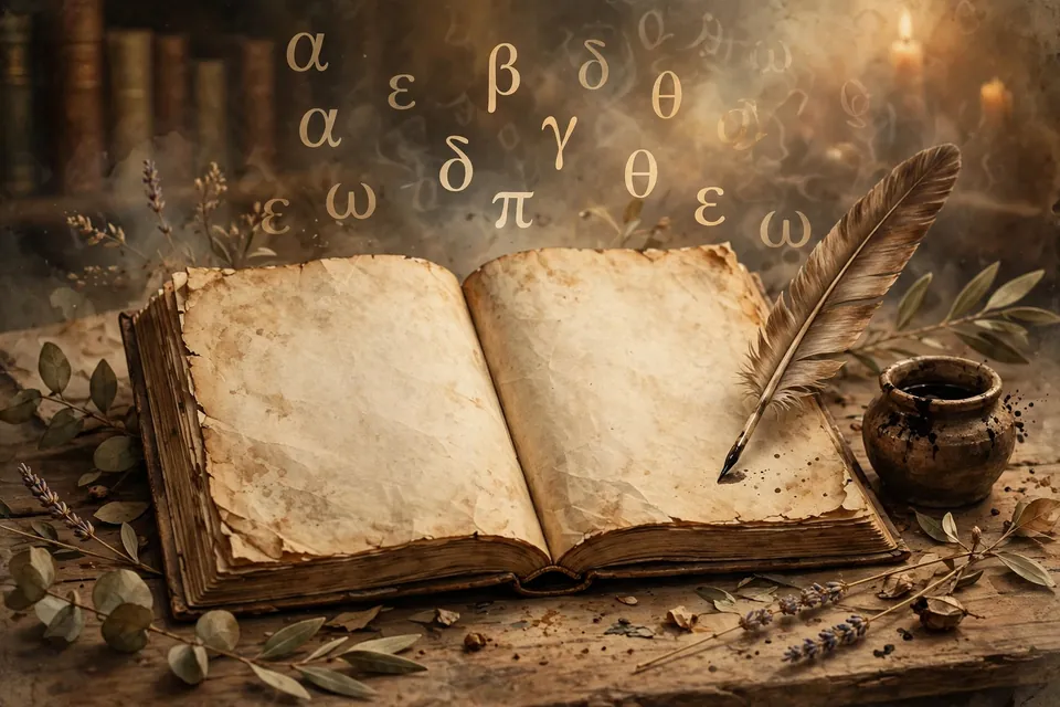 Old 1787-style Spanish dictionary pages with a quill and Greek alphabet letters
