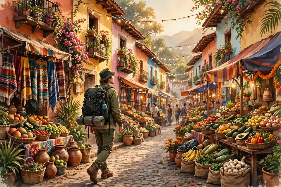 Gringo meaning - a foreign traveler with a backpack exploring a colorful Latin American street market