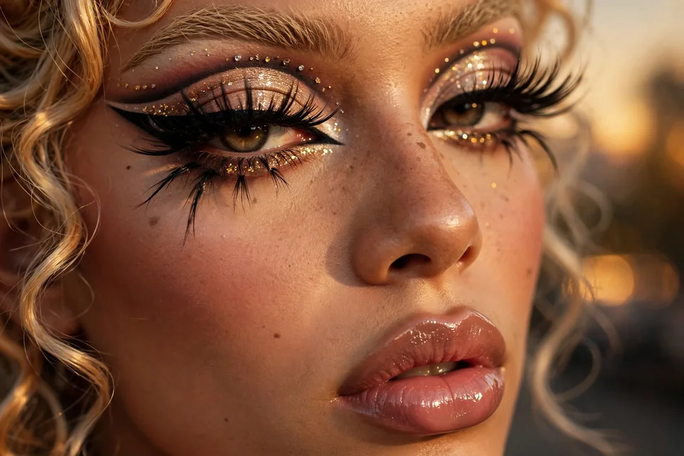 Close-up of bold gyaru eye makeup with dramatic lashes and glossy lips