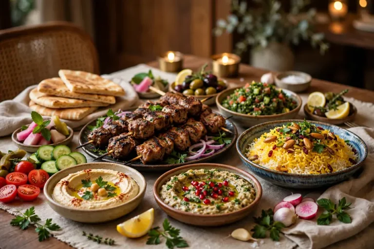 Halal meaning - delicious halal food spread at restaurant table