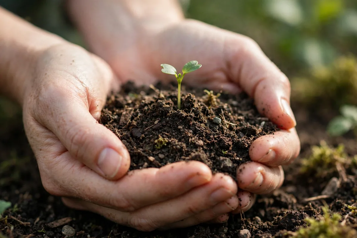Humility meaning from the earth - hands holding rich soil with a young plant growing, symbolizing groundedness