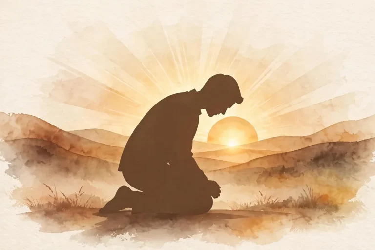 Humility meaning - elegant illustration of a person bowing humbly in warm golden light