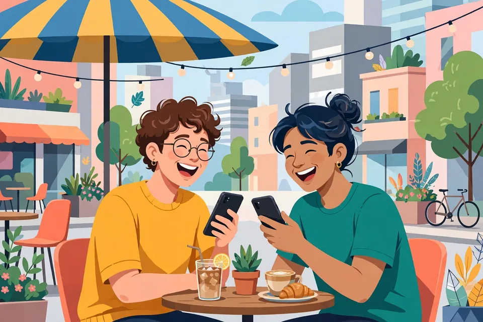Two friends laughing and texting on phones at a city cafe - ight meaning in casual conversation