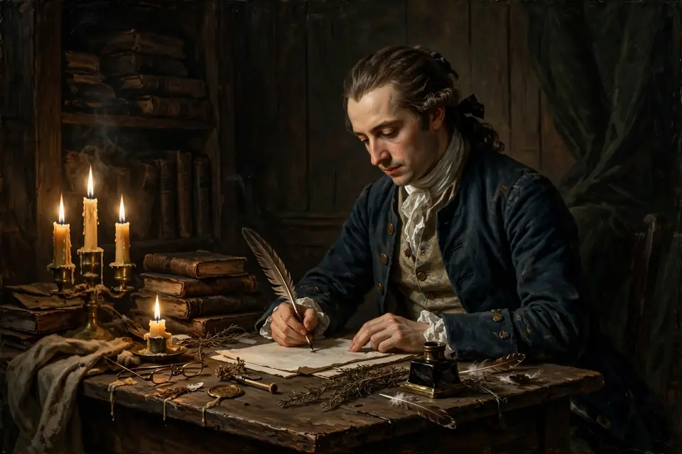 Ignorance is bliss origin - 18th century poet writing at a desk by candlelight