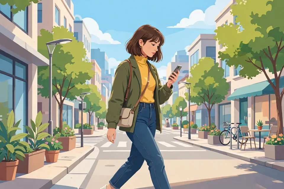Young woman checking her phone on a city street, illustrating how people use imk in everyday texting