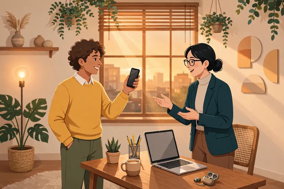 Two coworkers chatting by a desk with a laptop and phone, showing where imk does not belong at work