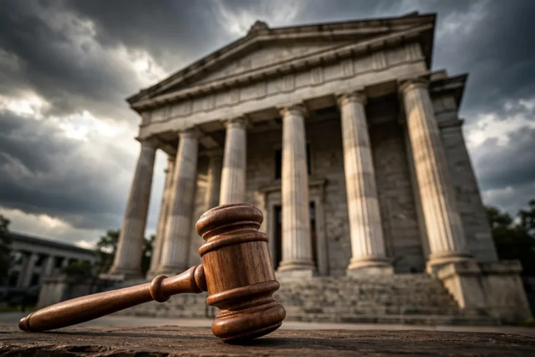 Indicted meaning - courthouse columns with gavel representing formal criminal charges
