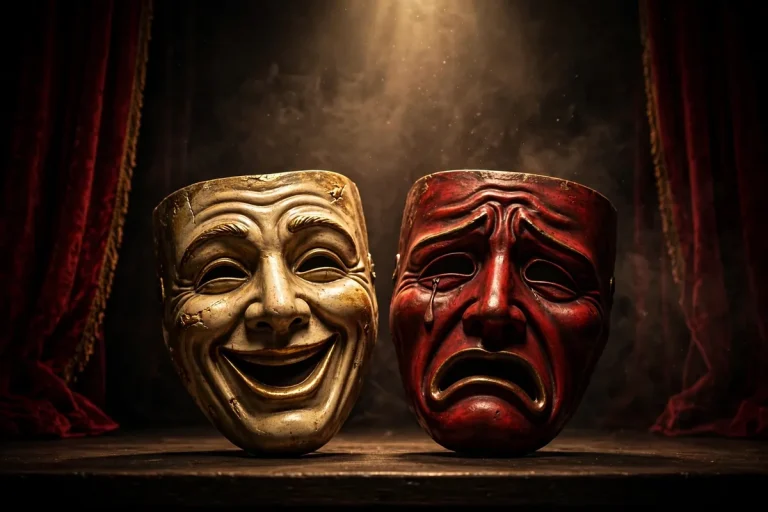 Ironic meaning - comedy and tragedy theater masks representing irony