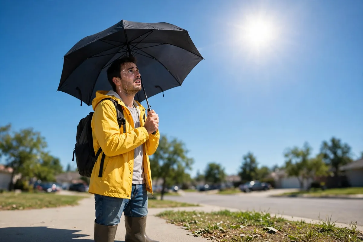 Ironic meaning situational irony - person with umbrella under sunny sky illustrating expectation vs reality
