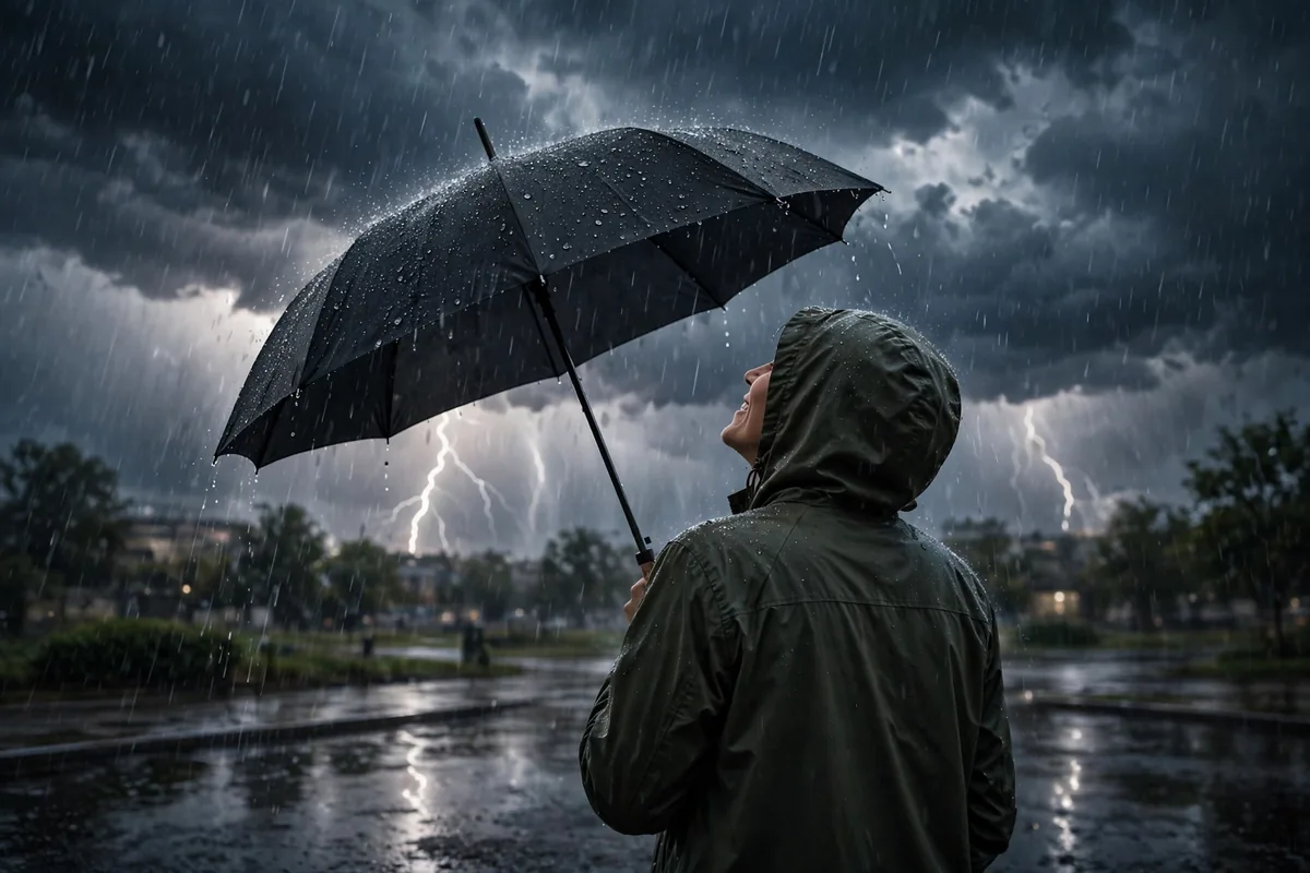 Irony meaning storm - person with umbrella in rain saying great weather