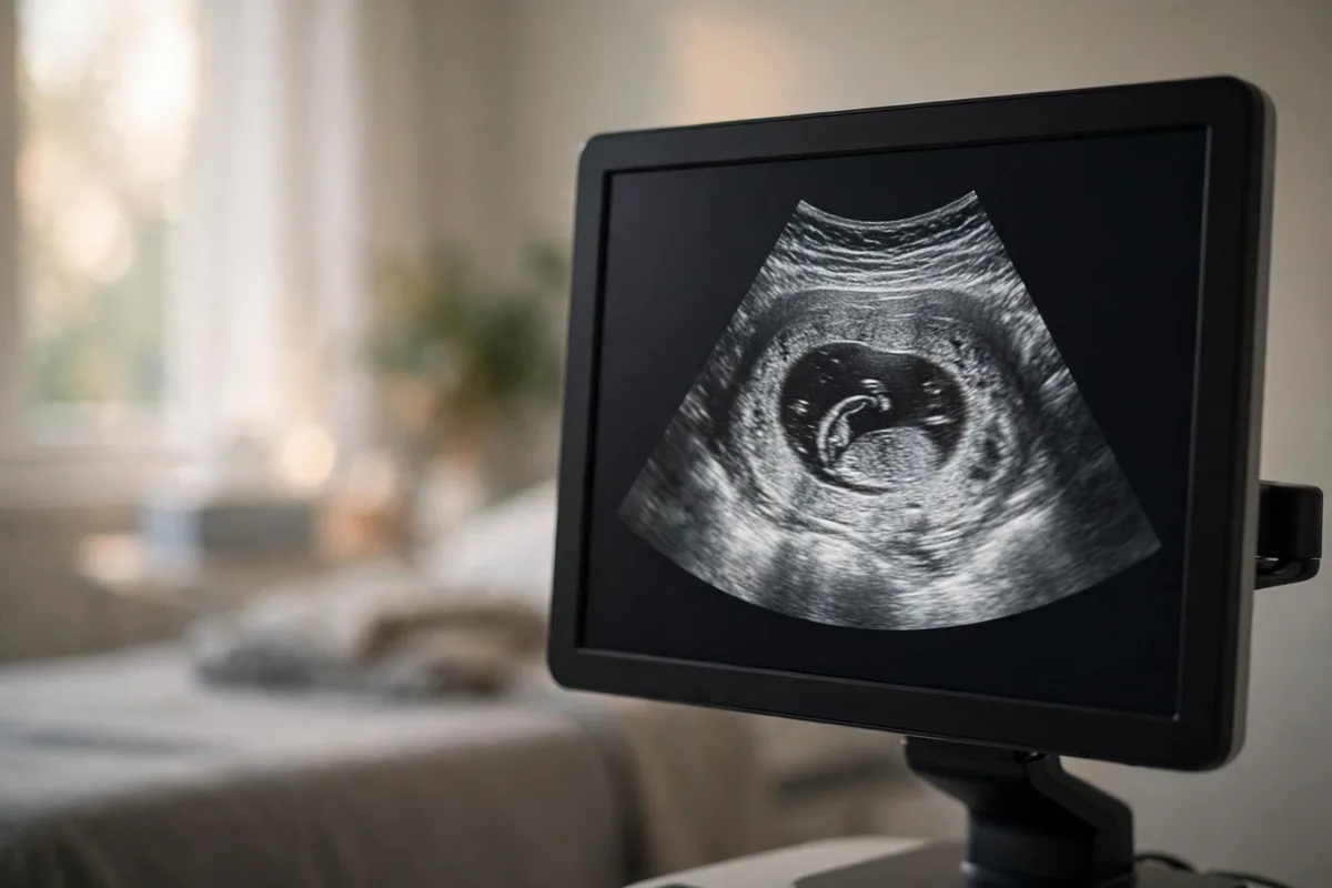 IVF meaning success - ultrasound monitor showing early pregnancy after IVF
