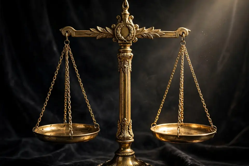 Justified meaning - balanced scales of justice on dark background