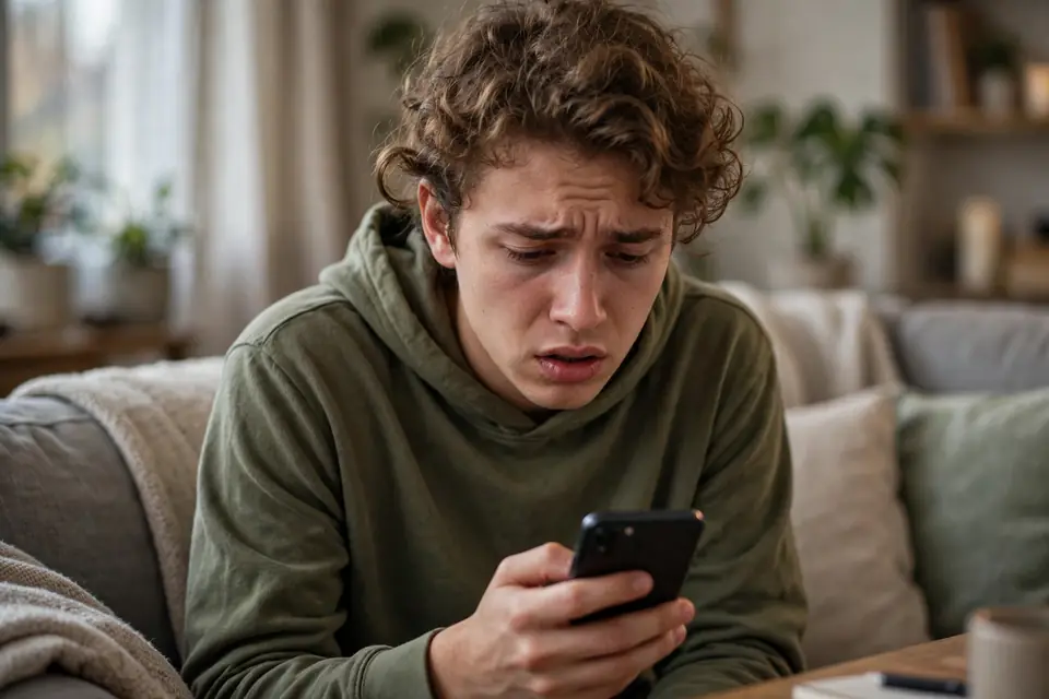 KMS meaning - stressed person looking at phone