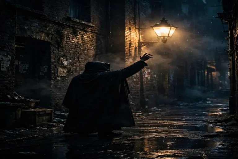 Larceny meaning - hooded figure silhouette in dark alley representing theft
