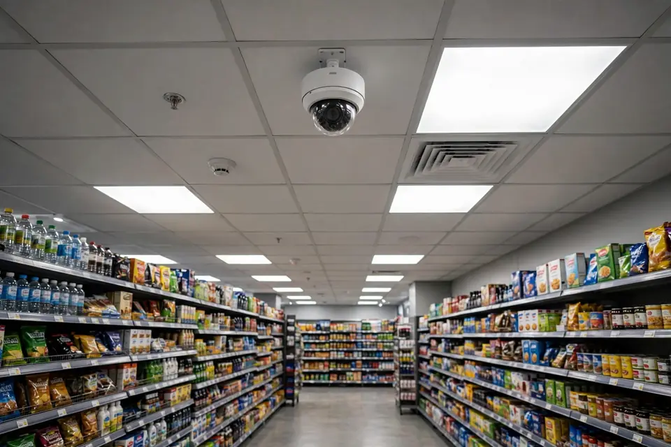 Larceny meaning shoplift - security camera in retail store representing shoplifting prevention