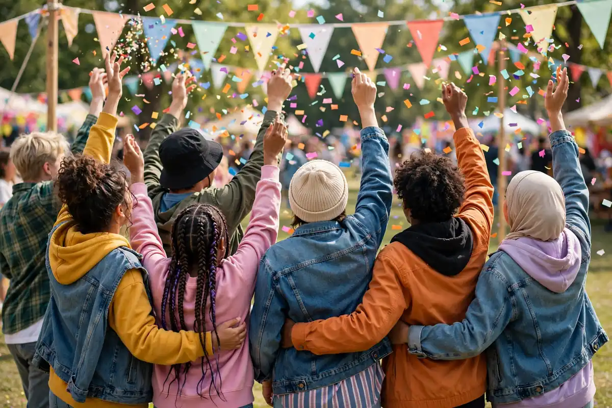 LGBTQIA meaning community - diverse group celebrating pride