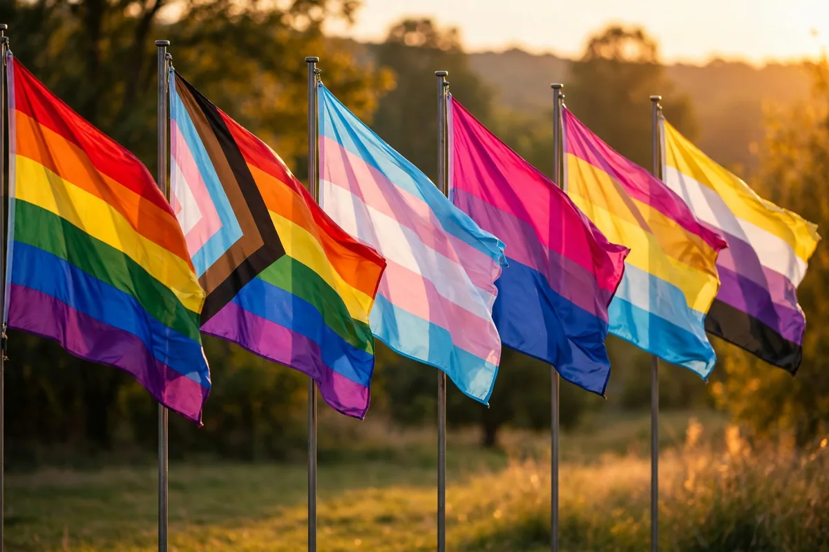LGBTQIA meaning flags - colorful pride flags waving