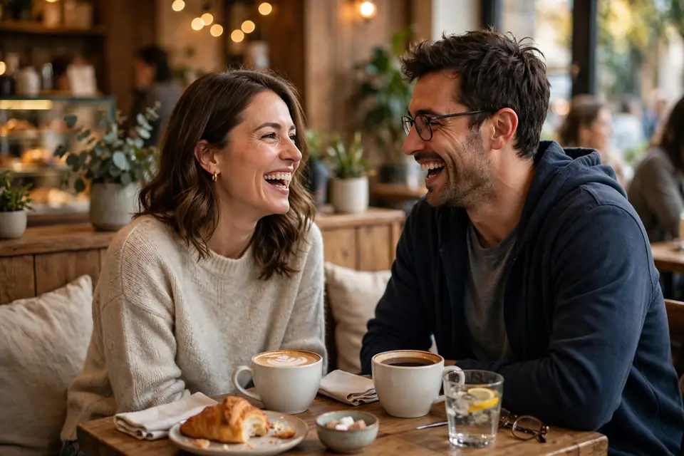Love language meaning time - couple enjoying coffee together in cozy cafe