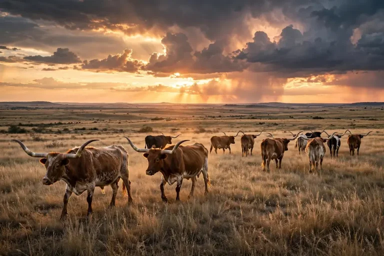 Maverick meaning - Texas longhorn cattle roaming free on open range at sunset
