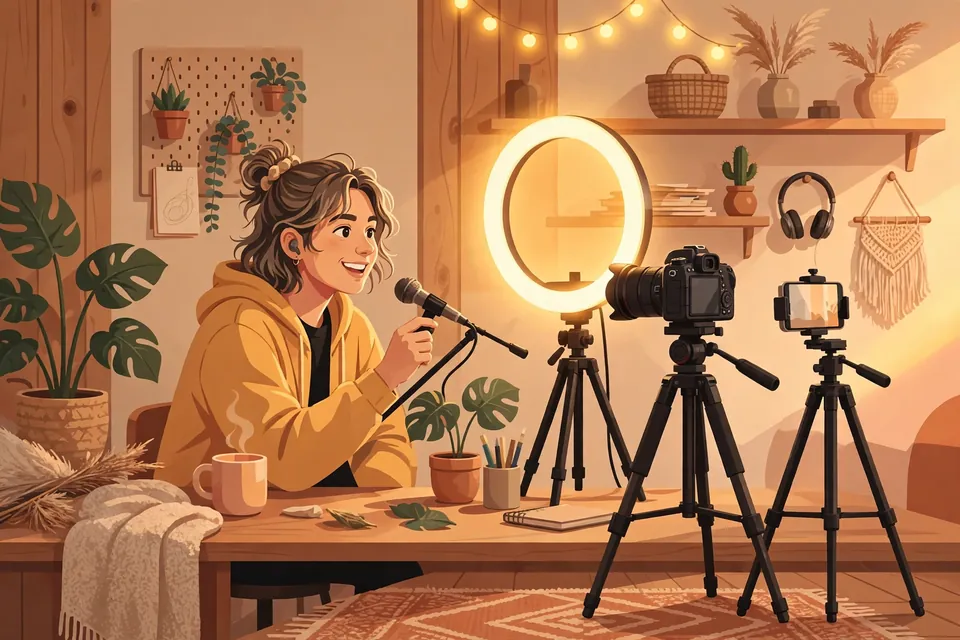 MDNI meaning - content creator filming a video in a home studio with a ring light