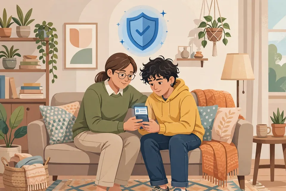MDNI meaning - parent and teenager looking at a phone together with an online safety shield icon