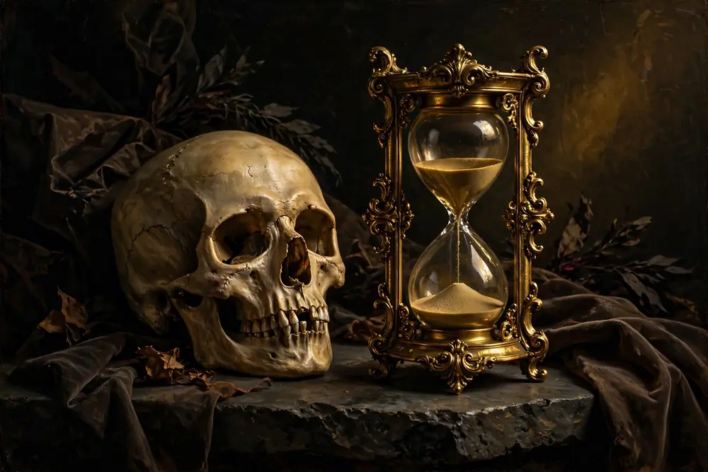 Memento mori meaning - classical still life with skull and hourglass symbolizing mortality