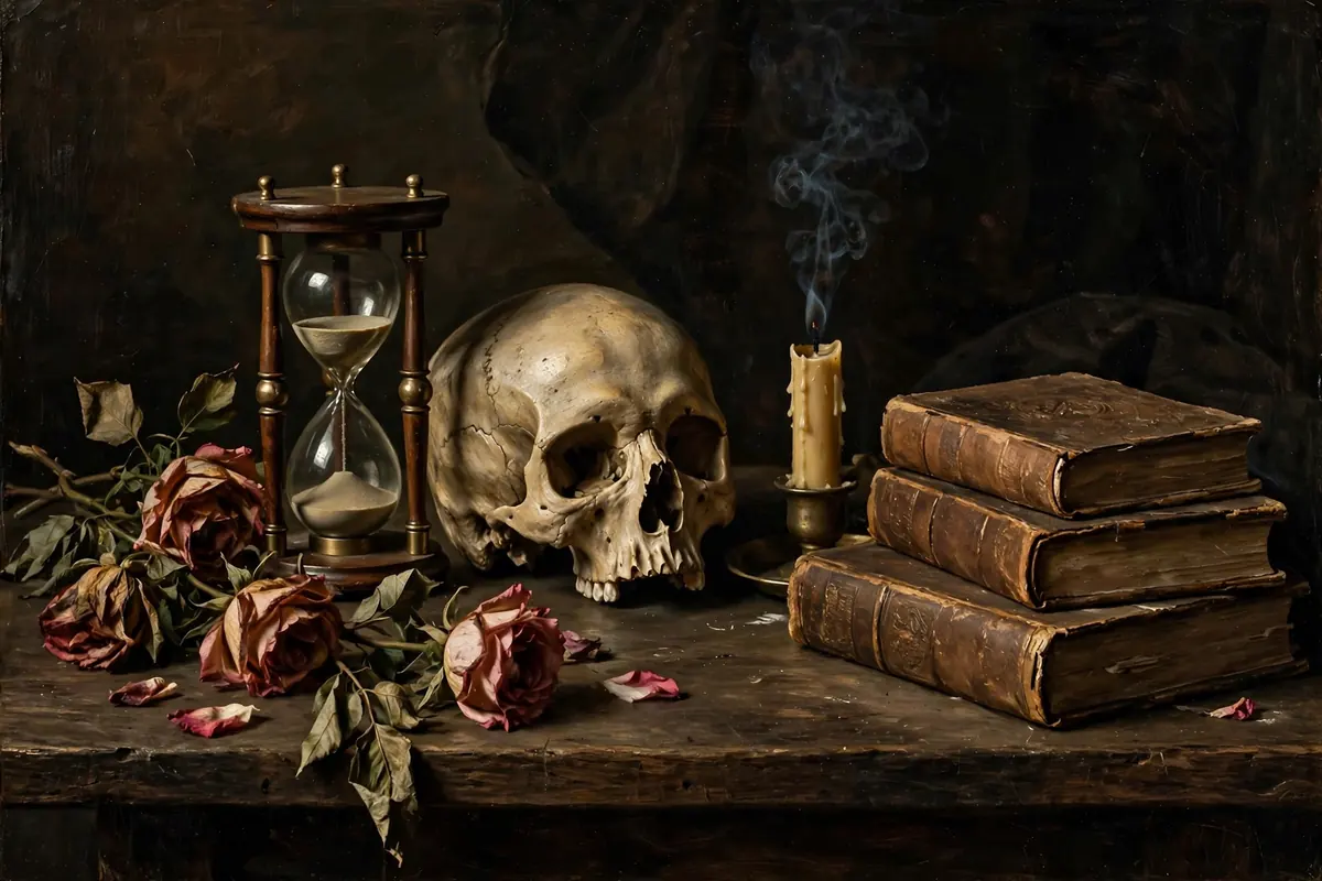 Memento mori meaning in art - Dutch vanitas still life painting style with skull flowers and hourglass