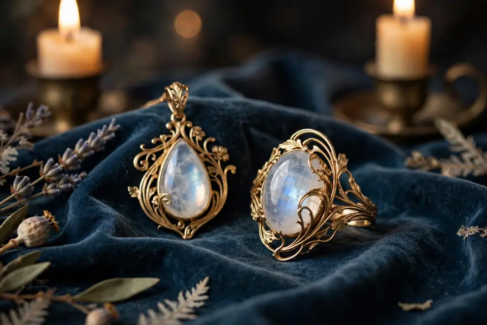 Moonstone jewelry - vintage style moonstone ring and pendant