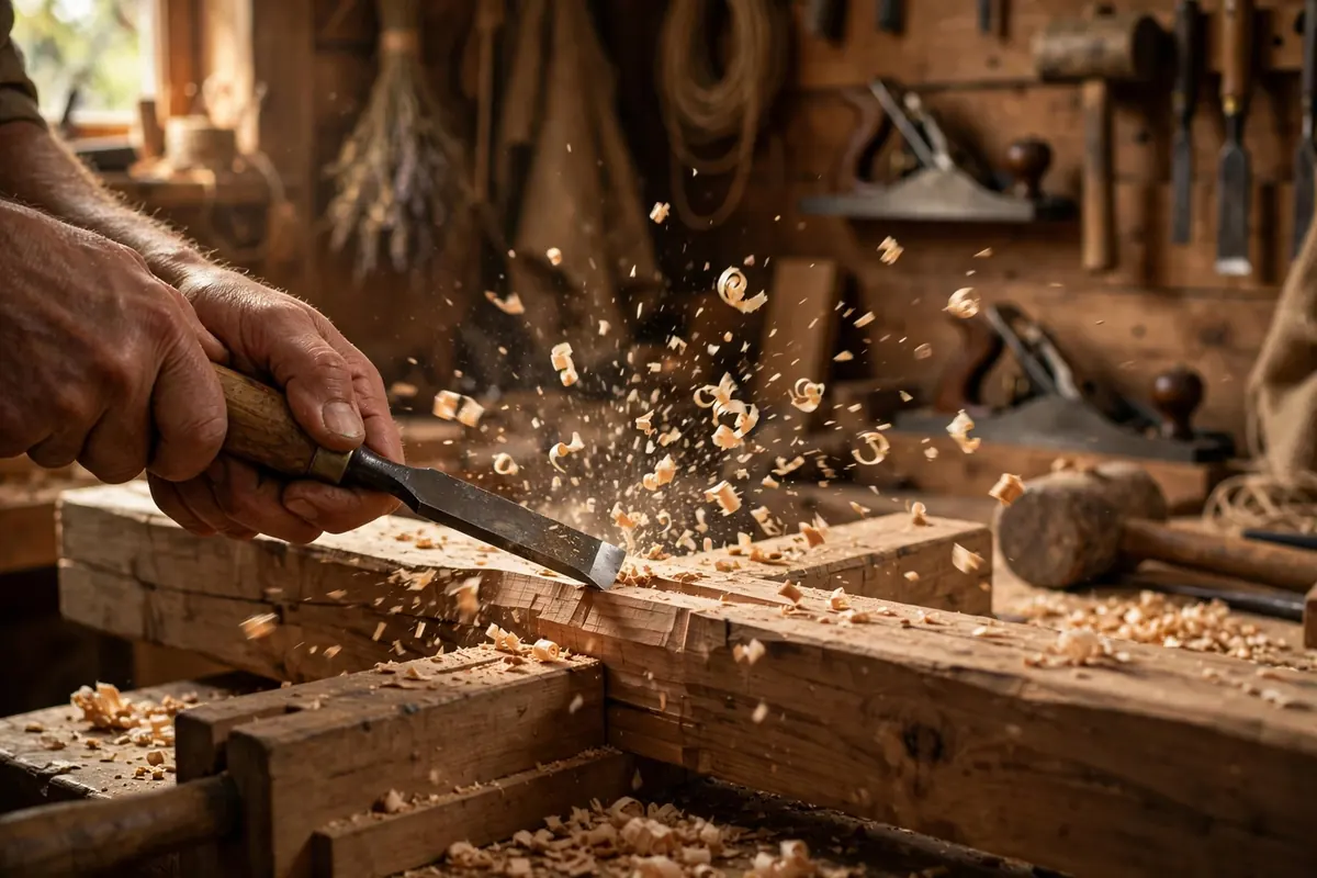 Mortise meaning woodworking - carpenter cutting mortise in workshop