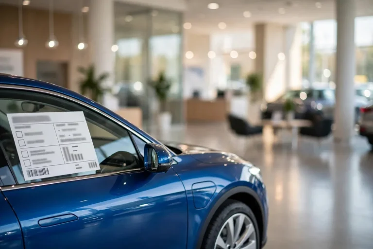 MSRP meaning - car dealership window with Monroney sticker showing MSRP price