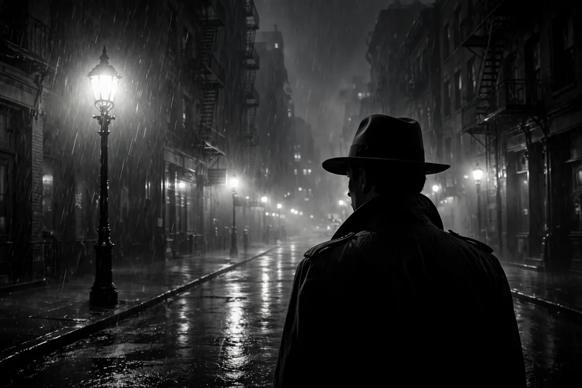 Noir meaning - detective silhouette in rainy film noir scene
