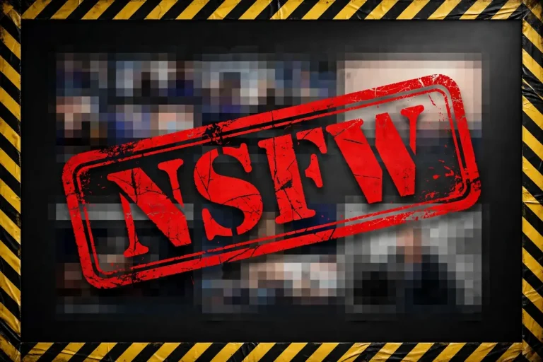 NSFW meaning - bold red NSFW warning stamp label on dark background with blurred content behind
