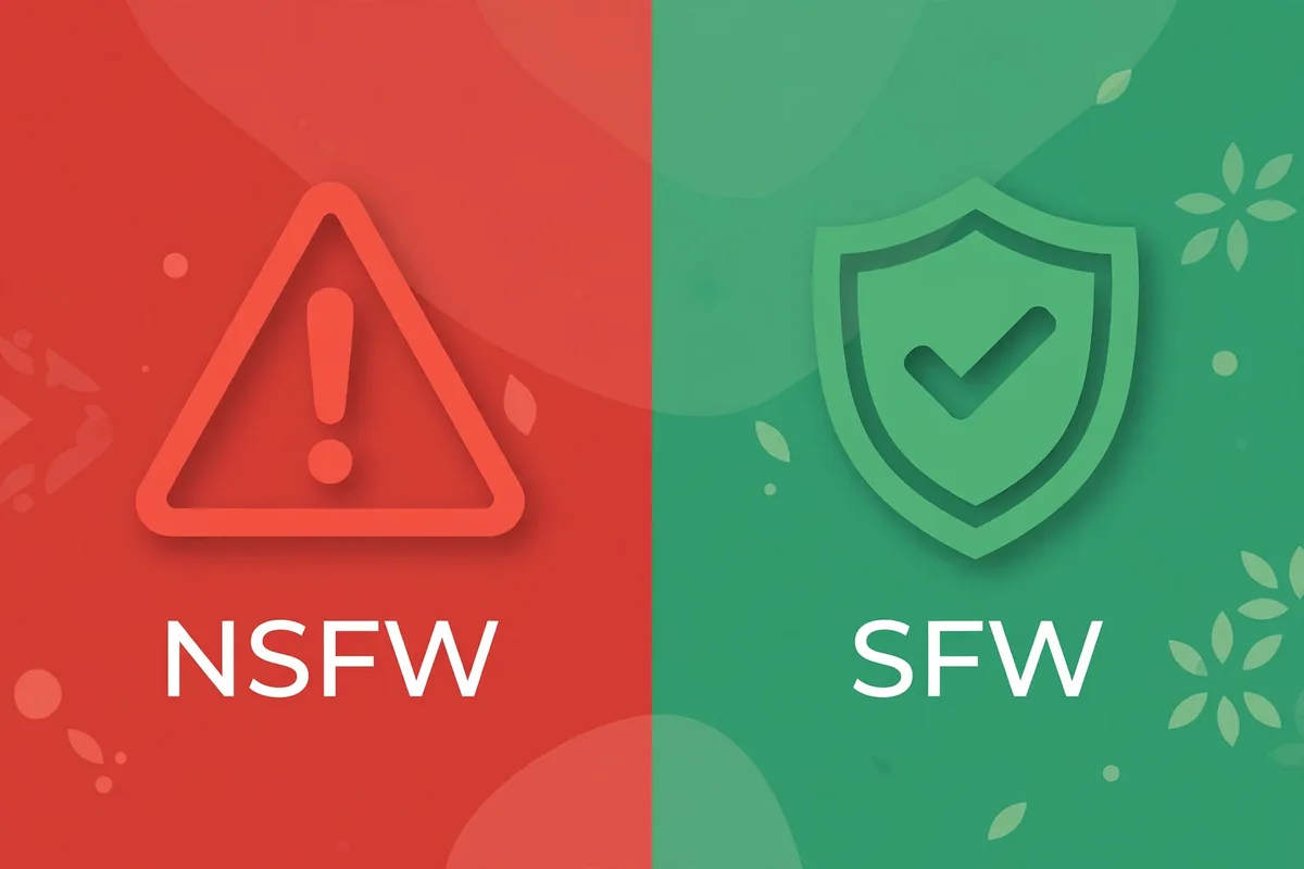 NSFW vs SFW meaning - split illustration with warning sign on one side and green checkmark on the other