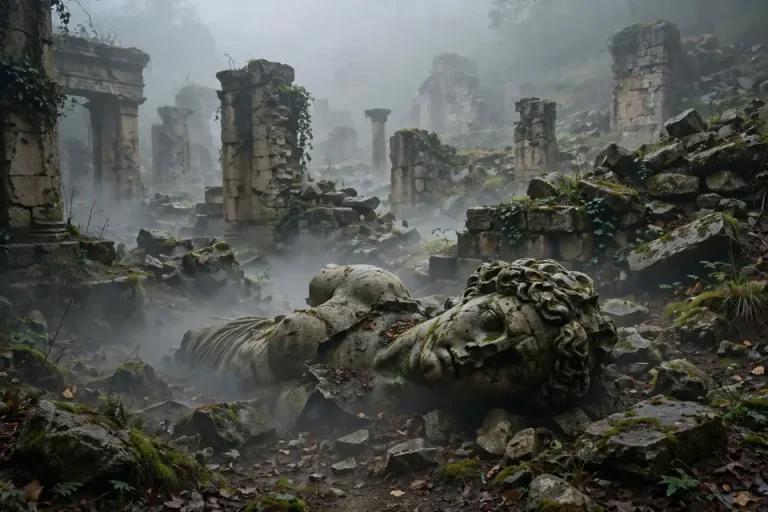 Oblivion meaning - ancient ruins fading into mist and forgetfulness