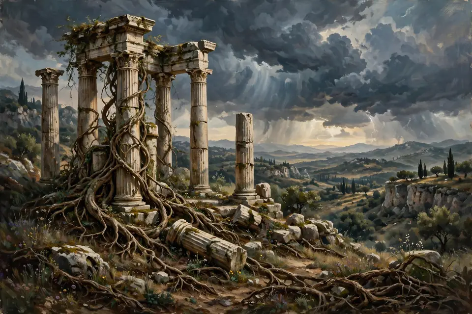 Ancient Roman stone columns under a stormy sky, evoking the Latin roots of the word odious