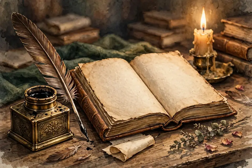 A quill pen and inkwell beside an open old book in warm candlelight, classic literary atmosphere