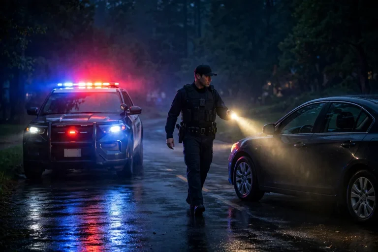 OWI meaning - police traffic stop with breathalyzer test at night