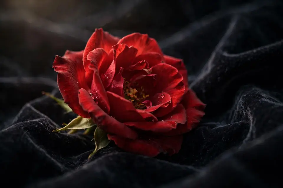 Paramour meaning rose - single red rose on dark velvet with soft light