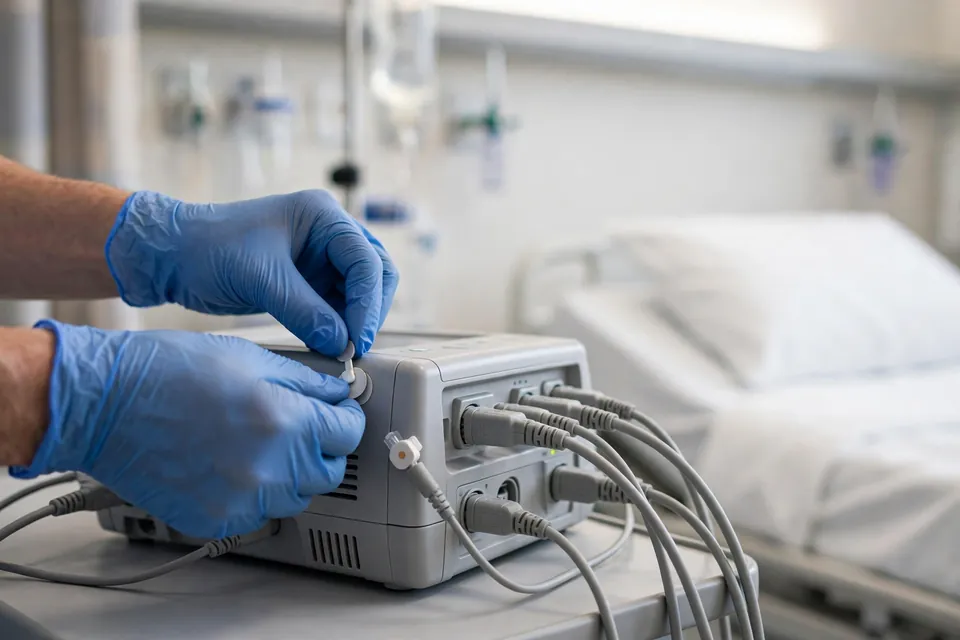 Patient care technician preparing EKG equipment at a patient's bedside