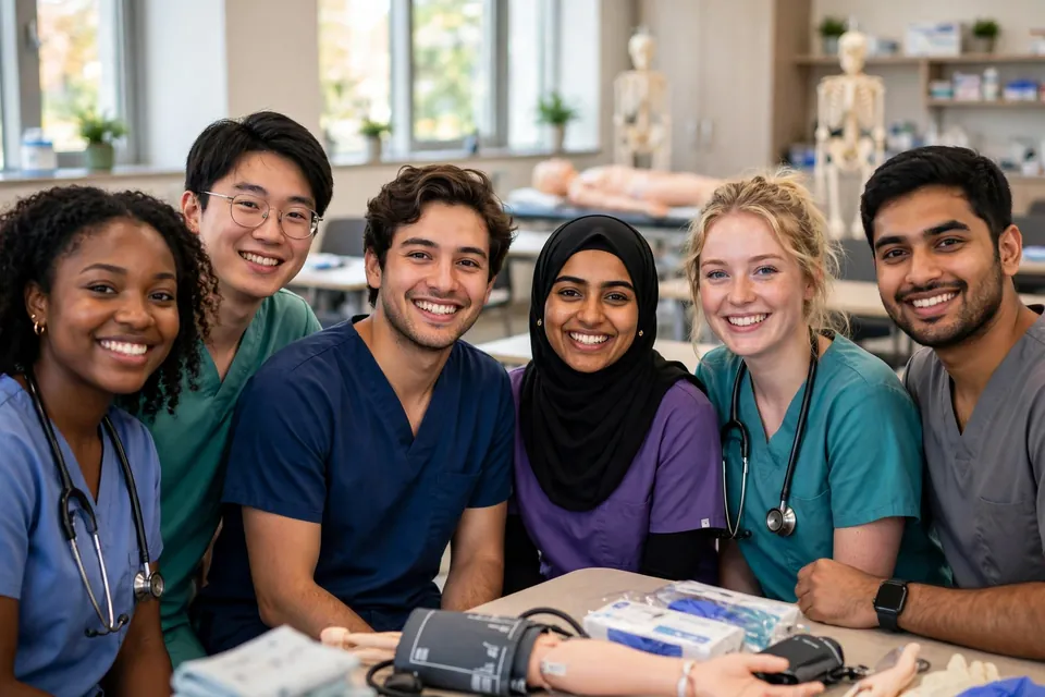 Healthcare students in scrubs learning patient care skills in a training classroom