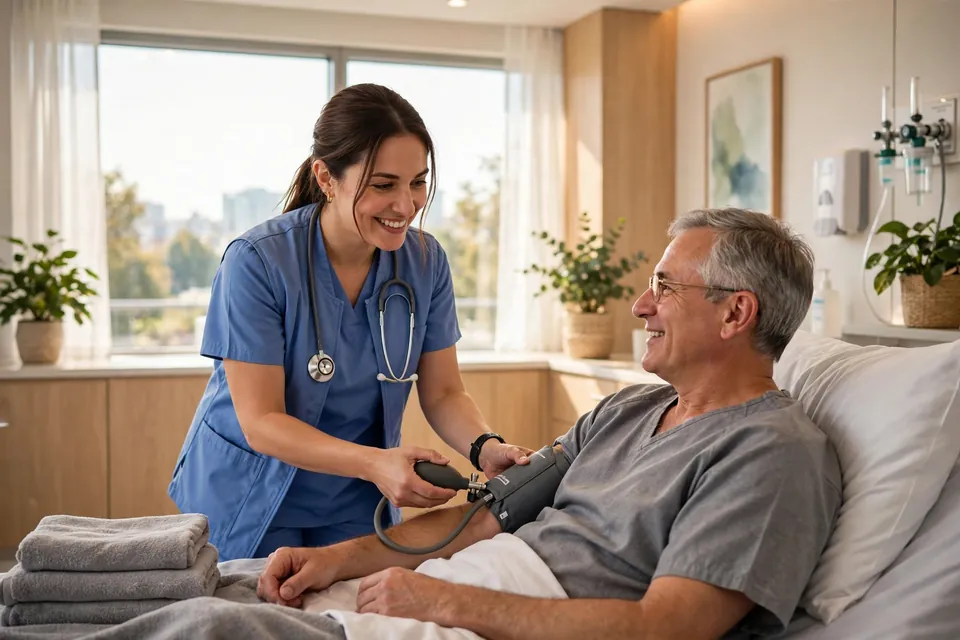 PCT meaning - patient care technician checking a patient's vitals in a hospital