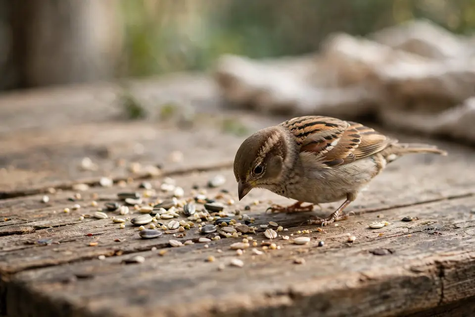 Peckish meaning bird - small bird pecking at seeds on wooden table
