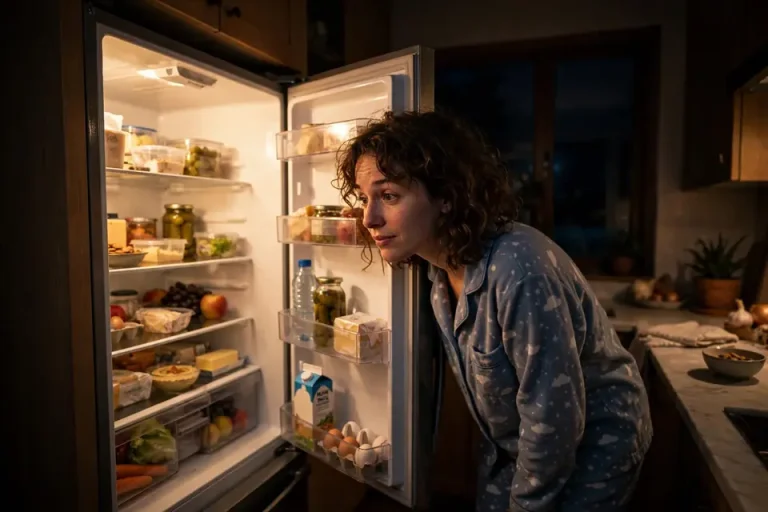 Peckish meaning - person peeking into open fridge at night looking for a snack