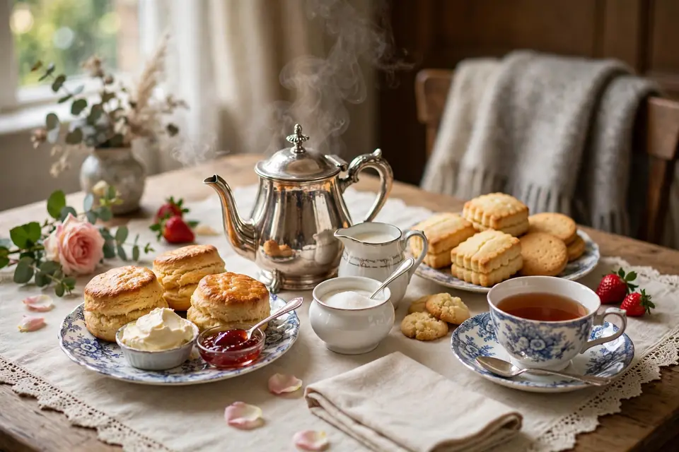 Peckish meaning tea - British afternoon tea table with biscuits scones and teapot